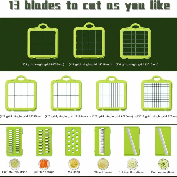 13 Replaceable Blades: 5 Dicer Size Blades, 2 Slicing Blades